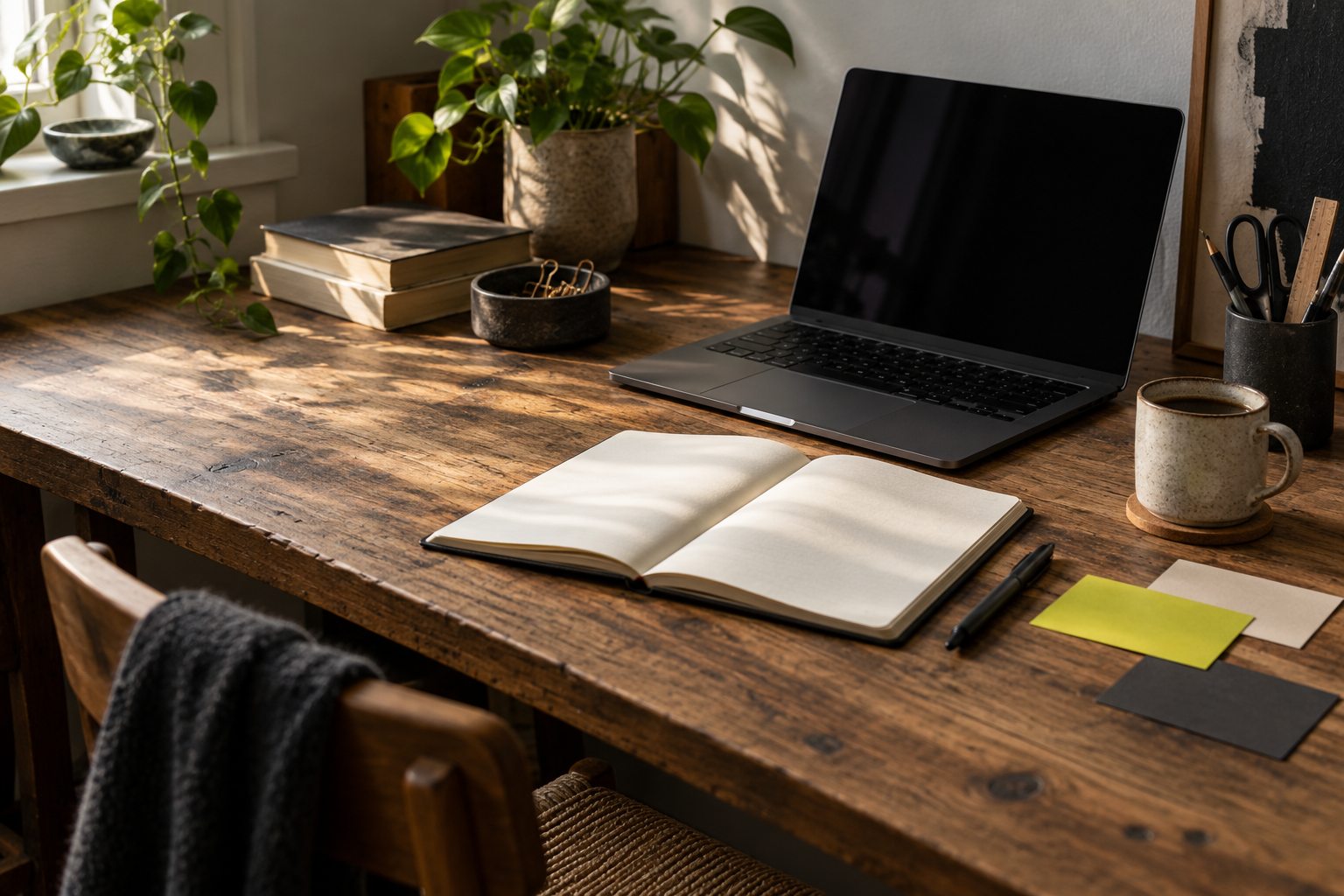 A worktable with a notebook, planning cards, and everyday tools