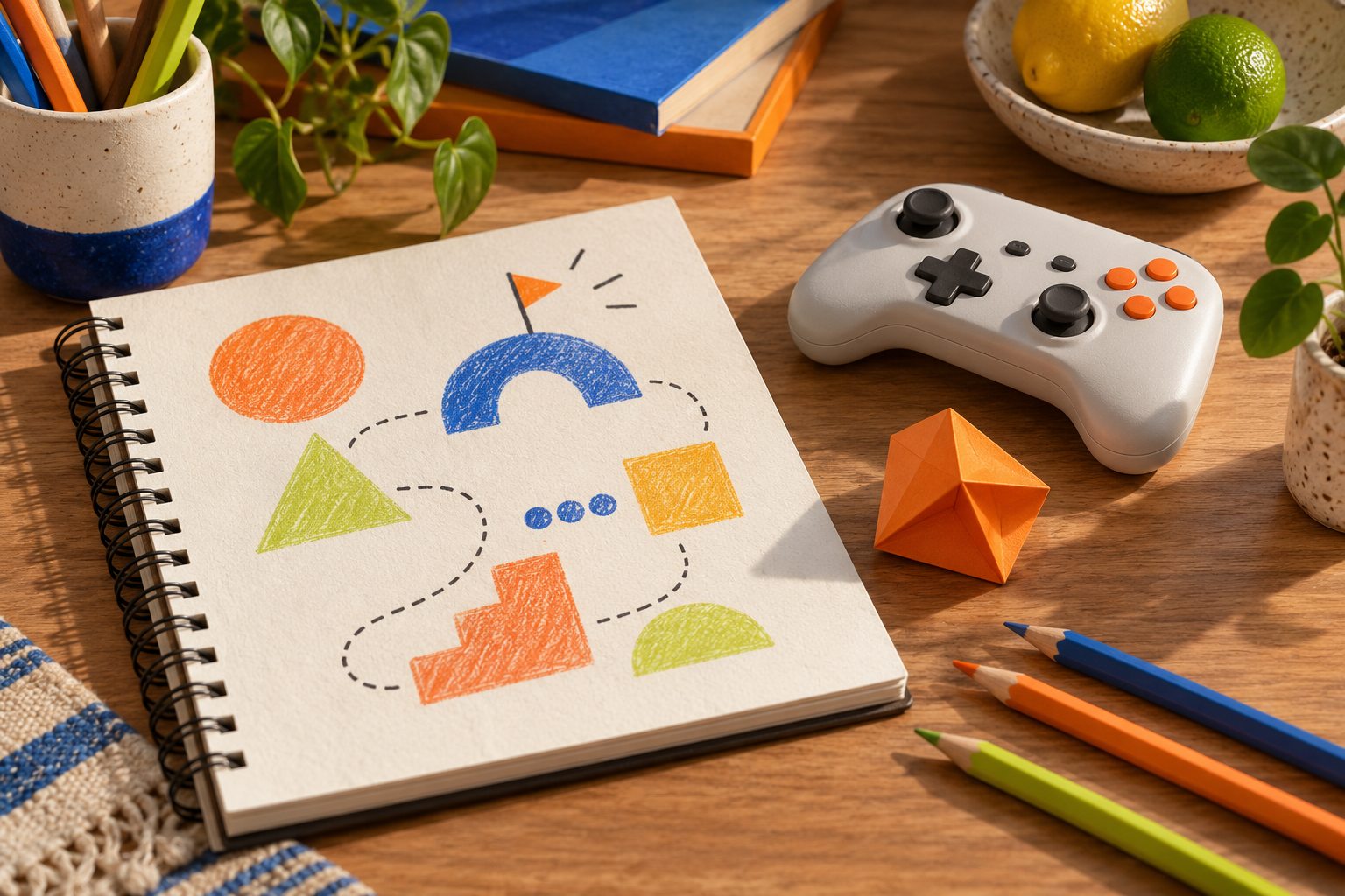 A sketchbook, game controller, and colourful paper pieces