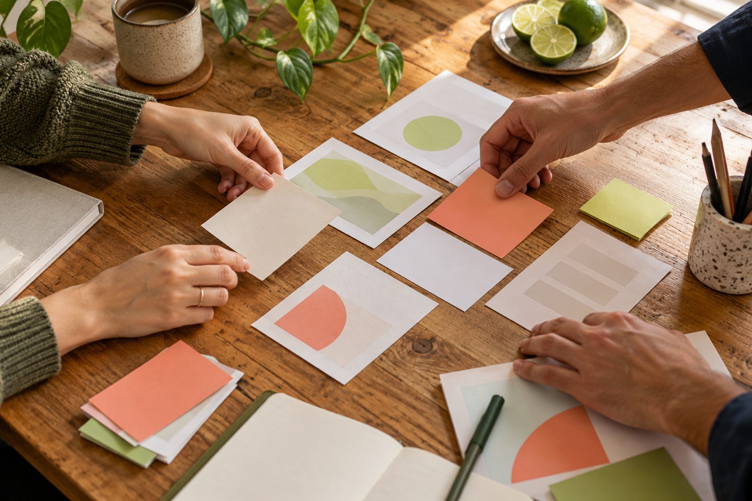 Hands sorting blank cards and notes on a desk